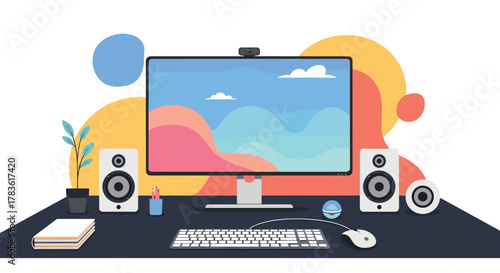 A modern and minimalist desktop computer setup with a large monitor, speakers, and office essentials on a dark desk against an abstract background.