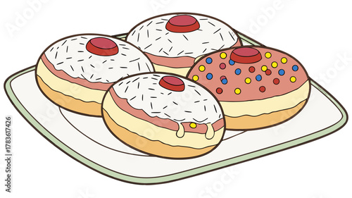 Plate of Delicious Hanukkah Sufganiyot Donuts Vector,  A plate filled with four colorful and delicious Hanukkah sufganiyot donuts, topped with sprinkles and jelly