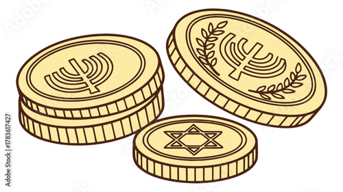 Vector illustration of a gold coin, Hanukkah Gelt Coins with Menorah and Star of David,  Illustration of Hanukkah gelt coins, adorned with menorah and Star of David designs