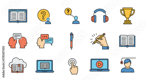 Colorful line art icons depicting diverse educational and learning concepts, including online studies, communication, and academic success.