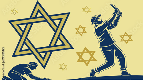 Star of David Jewish Baseball Players Vector Silhouette,  A dynamic illustration featuring two baseball players and the Star of David, combining sports with Jewish cultural identity