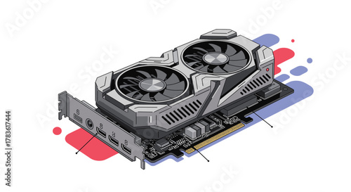 Isometric illustration of a modern dual-fan graphics processing unit (GPU) for computers, featuring red and blue abstract elements.