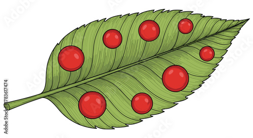 Detailed botanical illustration of a green leaf covered in distinct red galls or spots, indicative of plant disease.