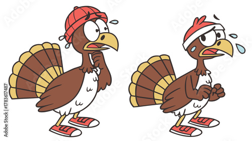 Scared Cartoon Thanksgiving Turkeys in Hats Silhouette Vector, Illustration featuring two cartoon turkeys, looking scared and worried, wearing hats