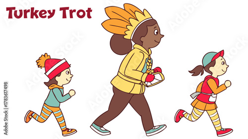 Vector Illustration of  Kids Running Thanksgiving Turkey Trot Race, Illustration of children participating in a "Turkey Trot" race, with one child wearing a feathered headpiece