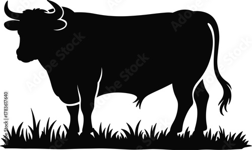 Cow silhouette standing on grass livestock farm animal cattle profile horns rural nature agriculture dairy beef pasture illustration vector