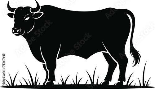 Cow silhouette standing grazing farm cattle livestock animal vector illustration black design agriculture rural pasture grassland icon nature horns