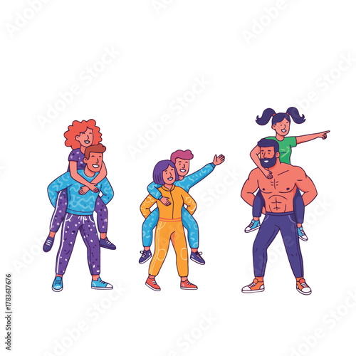 Diverse People Enjoying Piggyback Rides Outdoors Showing Joyful Connection And Playful Interaction With Energetic Movement And Vivid Colors