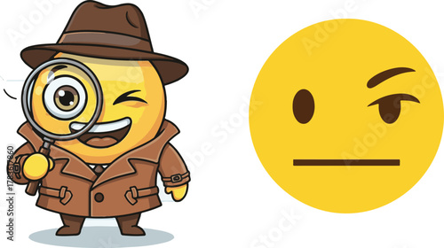 Yellow Emoji Characters with Magnifying Glass and Skeptical Expression Vector