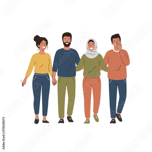 Diverse Group of Friends Walking Together Arm in Arm Celebrating Friendship Casual Flat Vector Illustration Diverse Cultures and Backgrounds Unity Connection and Happiness