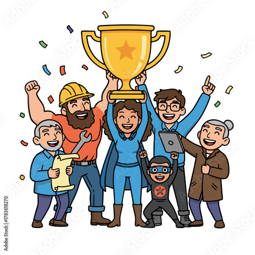 Diverse Group of People Celebrating Victory Holding Up a Golden Trophy With Confetti Falling Around Them Diverse Team Success Celebration