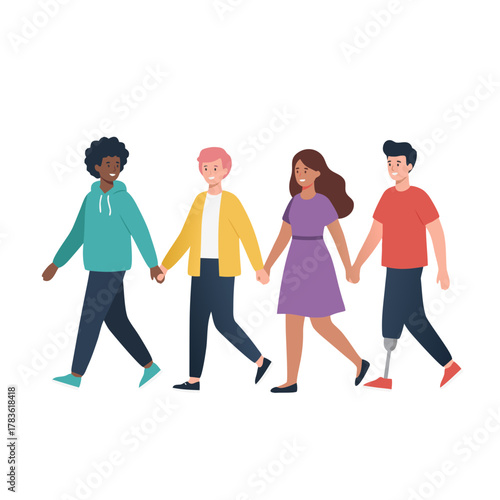 Diverse group of people holding hands walking together showing affection and unity in a minimalist vector scene with soft gradients on black background