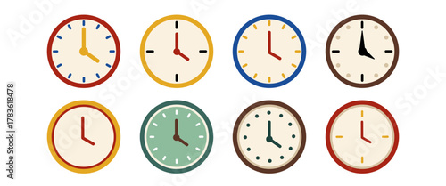 Flat Clock Illustration Set with Colorful Circular Designs