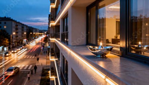 Modern balcony with city lights at dusk