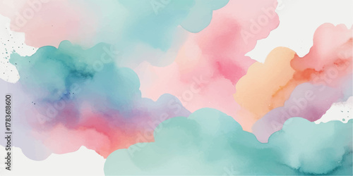 Abstract hand-painted watercolor background of a bright blue summer sky with wispy white clouds