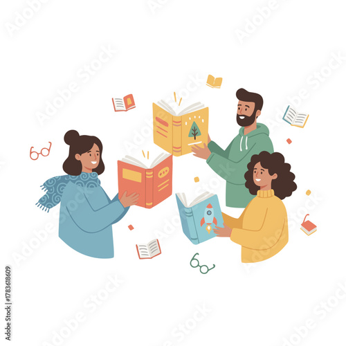 Diverse group of people sharing a love for reading books together outdoors with floating books and glasses surrounding them on a bright day