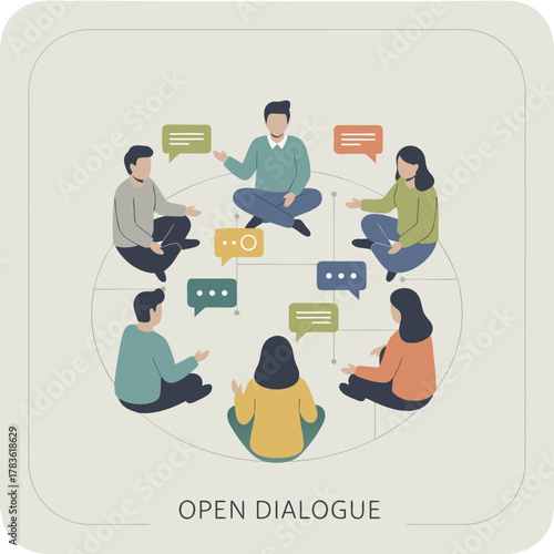 Diverse group of people sitting in a circle engaged in open dialogue and discussion with speech bubbles overhead representing communication and collaboration in a modern flat design style