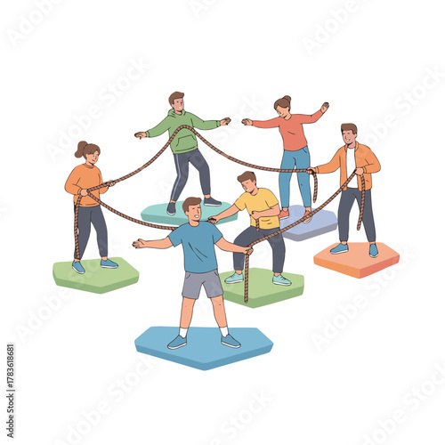 Diverse group of people standing on colorful platforms holding a rope in a collaborative team-building exercise in a flat vector art style with clean lines and a vibrant color palette