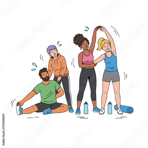 Diverse Group Of People Stretching And Exercising Together In A Fitness Class Diverse Group Of People Stretching And Exercising Together In A Fitness Class With Water Bottles And Workout Mat On A