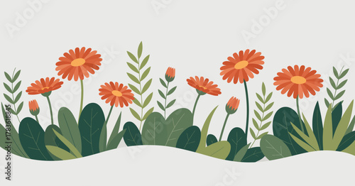 A lively floral design featuring bright orange gerbera daisies, surrounded by lush greenery, ideal for designs emphasizing growth, beauty, and the joy of nature in full bloom.