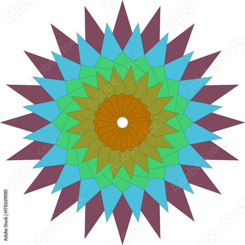 Geometric Mandala Design with Triangle Shapes and Vibrant Color Palette Art