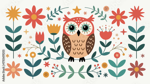 Whimsical folk art owl surrounded by colorful flowers and stars