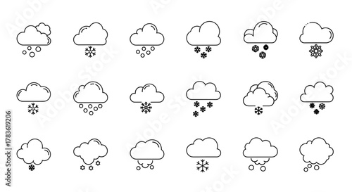 Collection of outline icons depicting various weather conditions, specifically snow and hail falling from clouds, presented in a clean, linear vector cartoon style suitable for graphic design, web