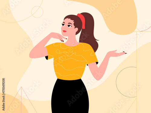 A modern illustration of a fashionable young woman with a ponytail and engaging pose in a yellow outfit, encapsulating confidence, style, and contemporary aesthetics.
