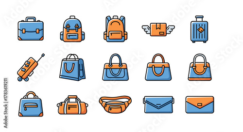 Set of vibrant, modern line icons representing various bags and luggage, including a briefcase, backpack, package with wings, rolling suitcase, tote bag, handbag, duffel bag, fanny pack, and clutch