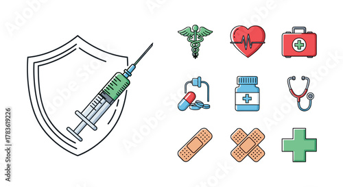 A vibrant collection of medical icons, including a syringe protected by a shield, a caduceus symbol, a heart with an EKG line, a first aid kit, pills and capsules, a medicine bottle, a stethoscope