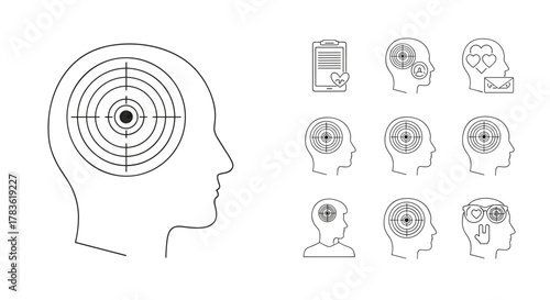 Set of line art icons depicting human heads with targets in their minds, symbolizing focus, goals, and concentration, alongside other related icons like a clipboard with a heart, hearts in a head