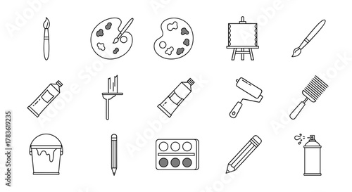 A comprehensive collection of vector art icons representing various painting and art supplies, meticulously arranged in a clean, ordered line icon set against a crisp white background, ideal for