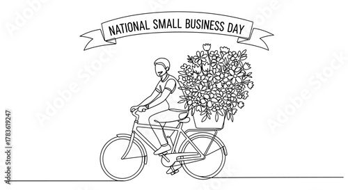 National Small Business Day celebration with a cheerful person riding a bicycle laden with a large bouquet of flowers, symbolizing entrepreneurship and local commerce, rendered in a clean, minimalist