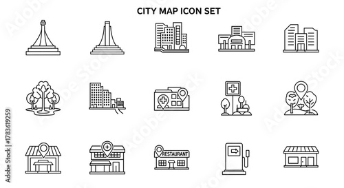 City Map Icon Set: A comprehensive collection of outline icons representing urban landmarks, including monuments, skyscrapers, parks, hospitals, gas stations, and restaurants, perfect for navigation