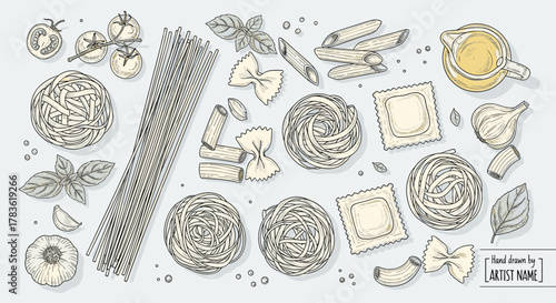 Hand-drawn vector illustration of traditional Italian pasta varieties including spaghetti, farfalle, penne, ravioli, and fettuccine nests, accompanied by fresh basil, ripe tomatoes, garlic