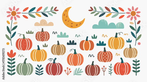 Whimsical autumn harvest collection with pumpkins moon and flowers