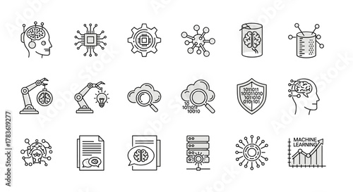 Artificial intelligence and machine learning editable line icon set, featuring smart robot symbols, brain circuits, data processing, and growth charts, perfect for web and app design, presented on a