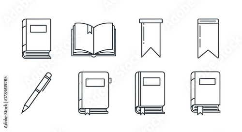 Collection of thin line icons representing books, bookmarks, and a pen, perfect for graphic and web design, apps, advertisements, and various cards. This vector cartoon illustration set offers clean
