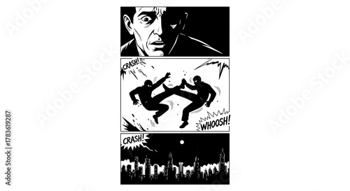 Dramatic black and white comic book panel sequence depicting a man's shocked face, two silhouetted figures engaged in a dynamic martial arts fight with sound effects like 'CRASH!' and 'WHOOSH!', and