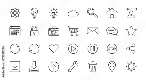 A comprehensive collection of 30 minimalist, thin-line, editable stroke pictograms and web icons, presented as a simple vector illustration on a white background, featuring essential symbols for