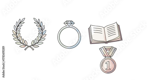 A charming watercolor illustration featuring a set of thin icons: a laurel wreath symbolizing achievement, a sparkling diamond ring representing commitment or success, an open book signifying