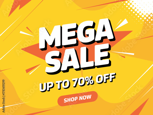 A bold and engaging promotional poster for a mega sale, highlighting discounts, engaging design elements, and vibrant colors to attract attention to online shopping.