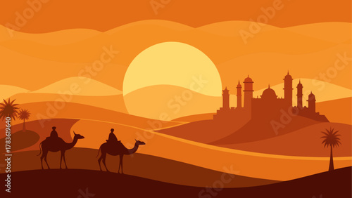 Camels riding through desert at sunset