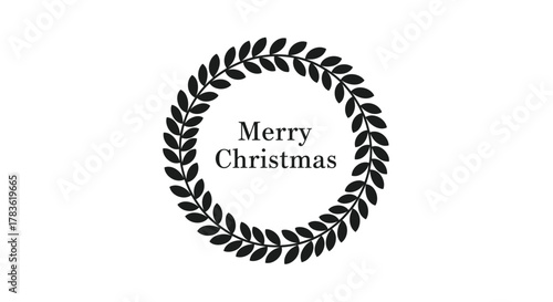Elegant black laurel wreath with merry christmas text on a white background for holiday greetings and celebrations