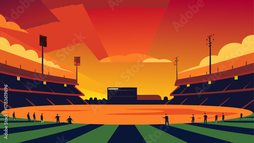 Illustration of a cricket stadium at dusk