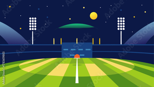 Nighttime view of a cricket stadium field