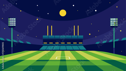 A cricket stadium at night with bright lights