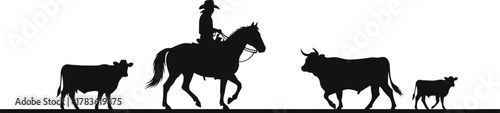 Cowboy riding horse with cattle silhouettes, western ranch livestock herding scene, agriculture farm animal vector illustration rural cowboy culture art