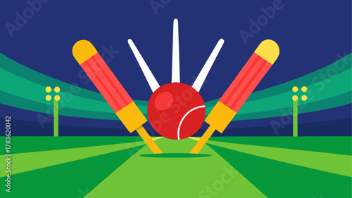 Cricket ball hitting wickets with bats on