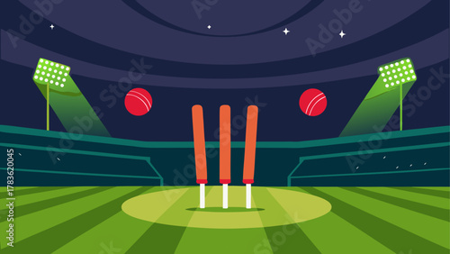 Cricket scene with wickets and stadium view